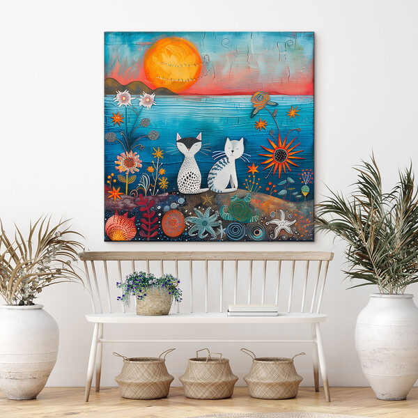 A painting of cats sitting on a hill A painting of cats sitting on a hill