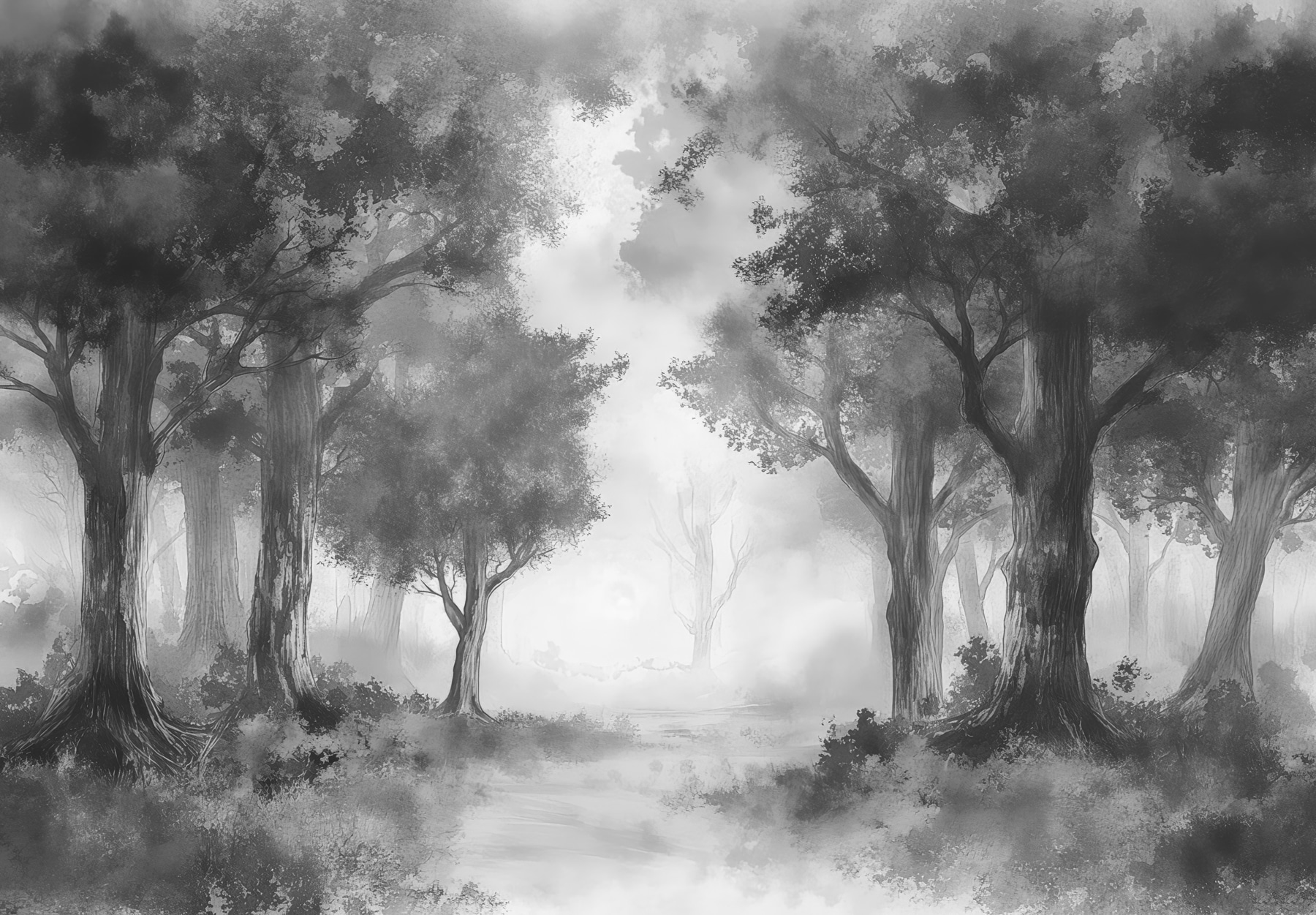 A black and white image of a forest