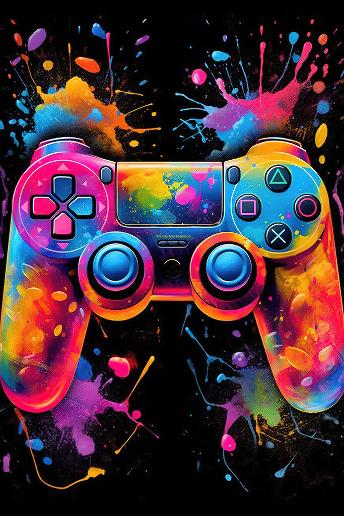 A video game controller with colorful paint splatters