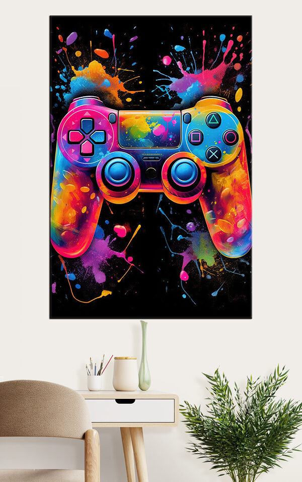 A video game controller with colorful paint splatters