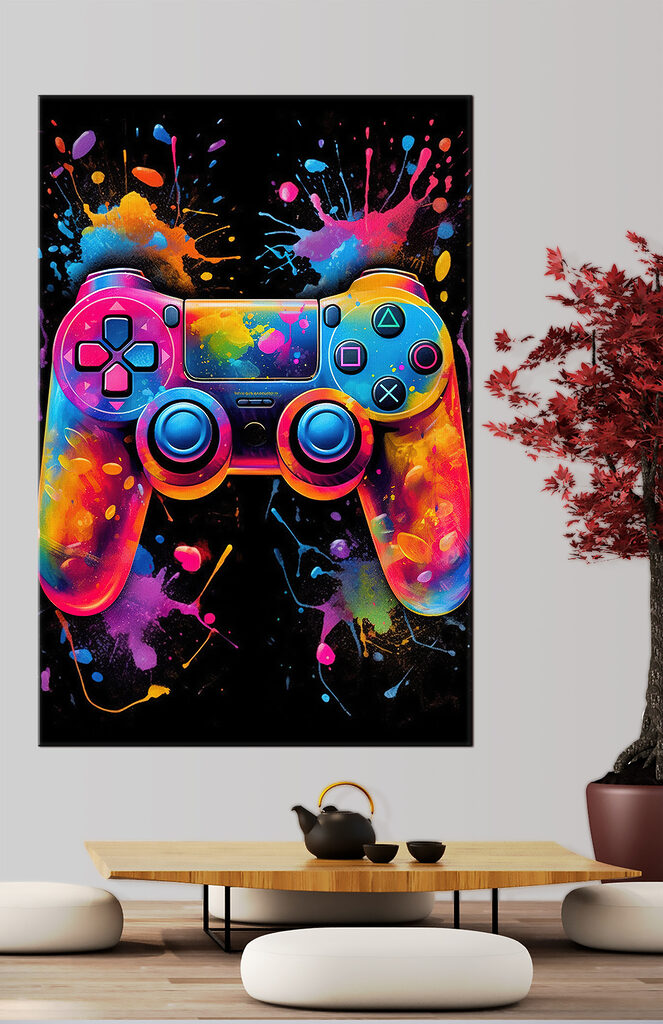 A video game controller with colorful paint splatters
