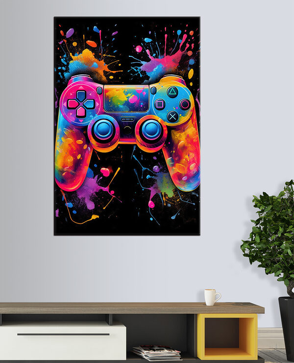 A video game controller with colorful paint splatters