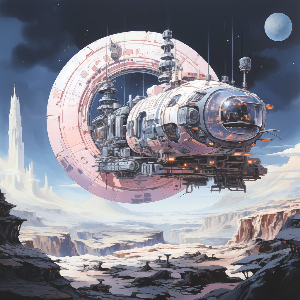 A space ship flying over a canyon
