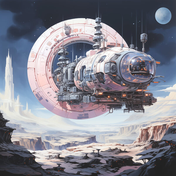 A space ship flying over a canyon