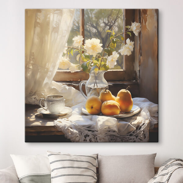 A plate of fruit and a cup on a table next to a vase of flowers