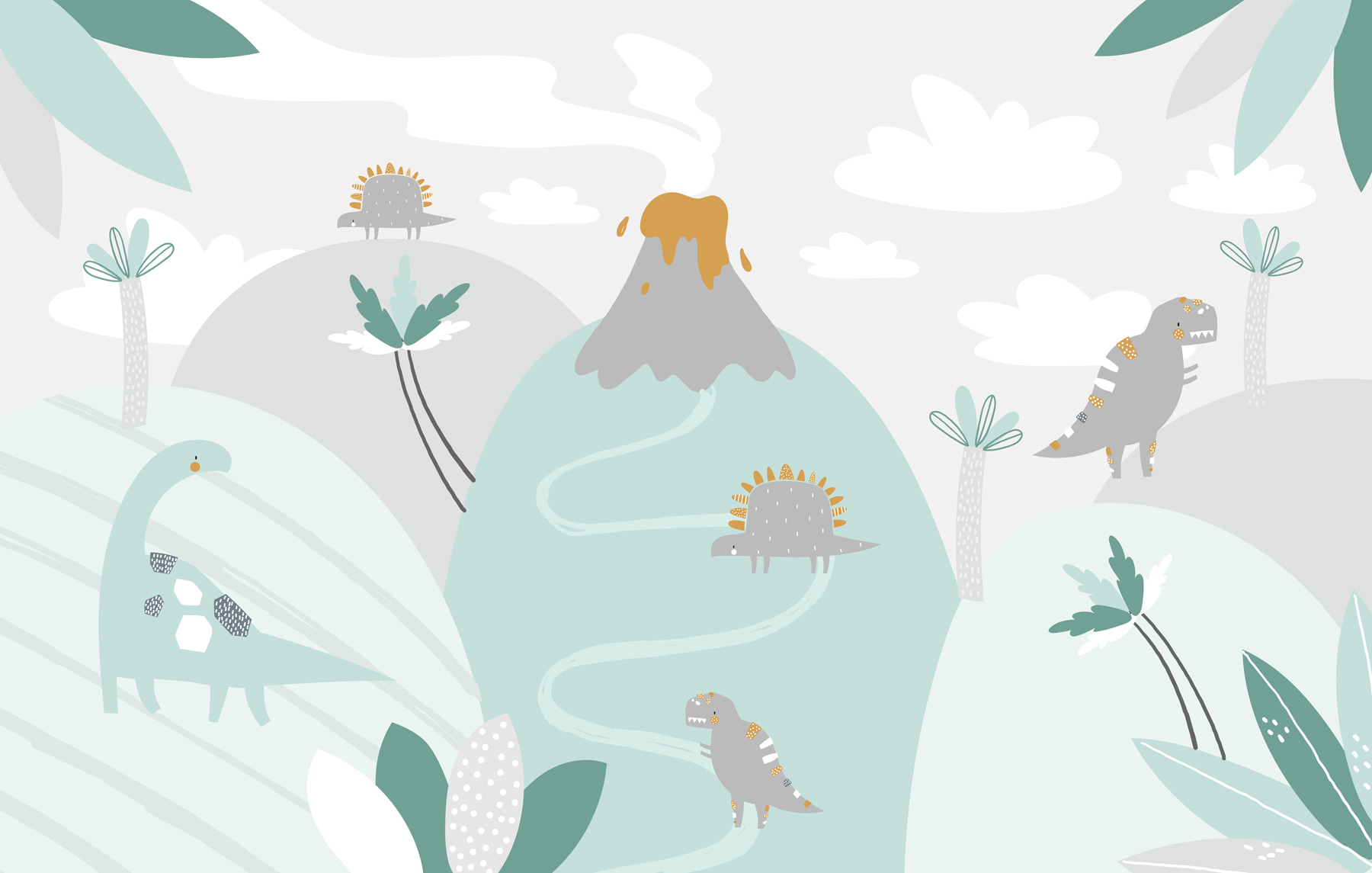 A cartoon dinosaur with a volcano and plants A cartoon dinosaur with a volcano and plants