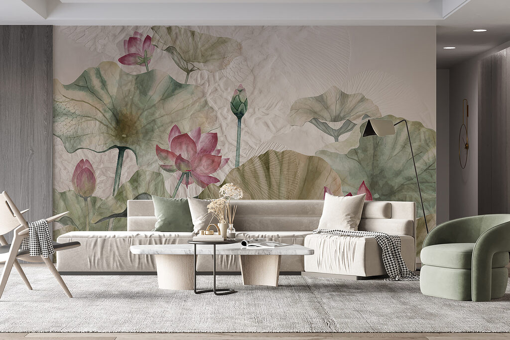 A painting of flowers and leaves