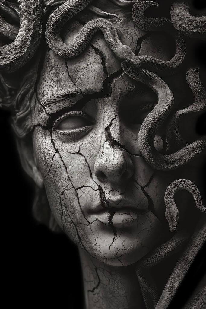 A statue of a woman with a cracked face and snakes around her face A statue of a woman with a cracked face and snakes around her face