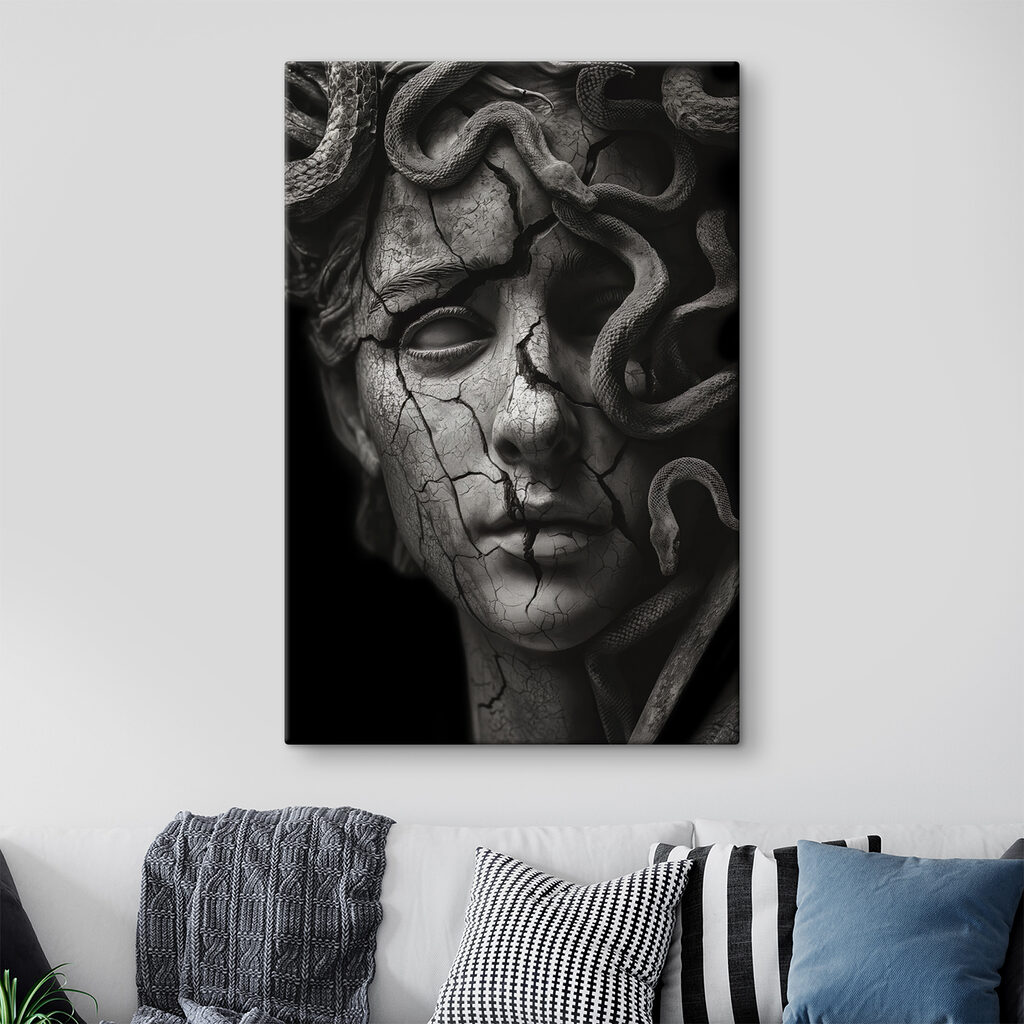 A statue of a woman with a cracked face and snakes around her face A statue of a woman with a cracked face and snakes around her face