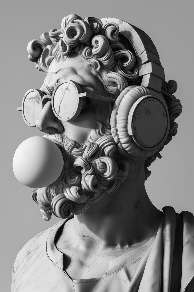 A statue of a man with headphones and a bubble gum