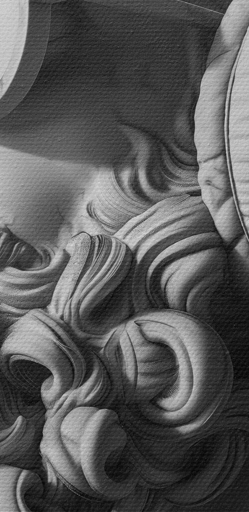 A statue of a man with headphones and a bubble gum