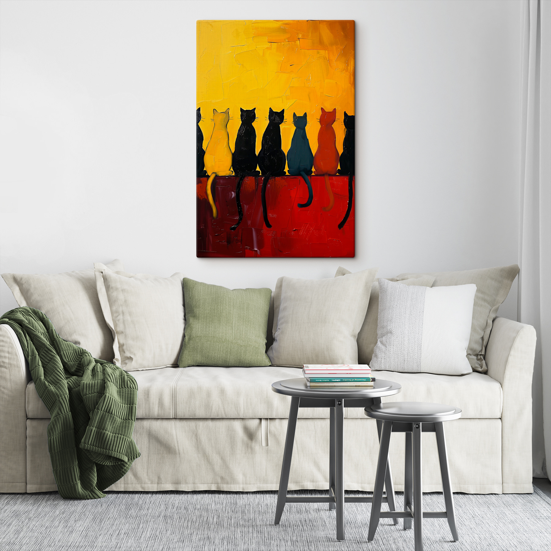 A group of cats sitting on a red surface A group of cats sitting on a red surface