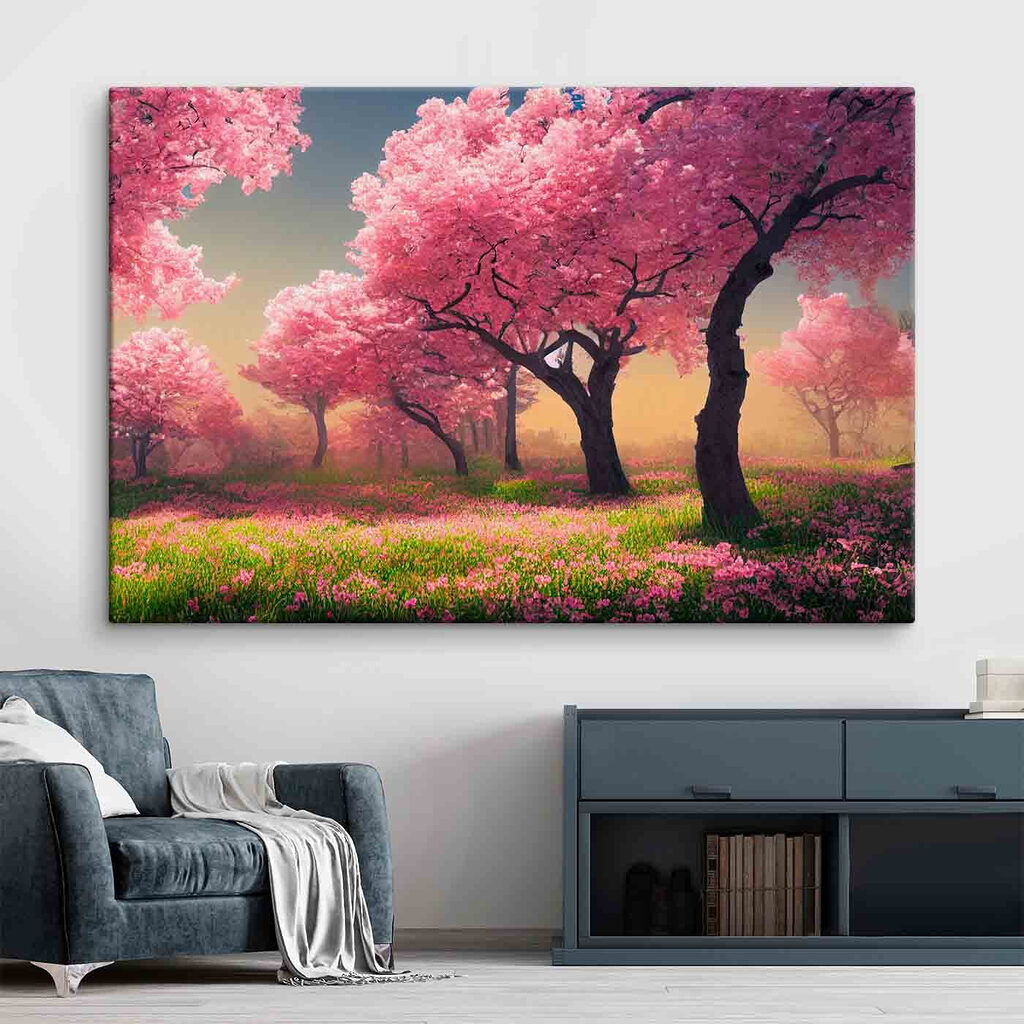 A field of pink flowers with trees