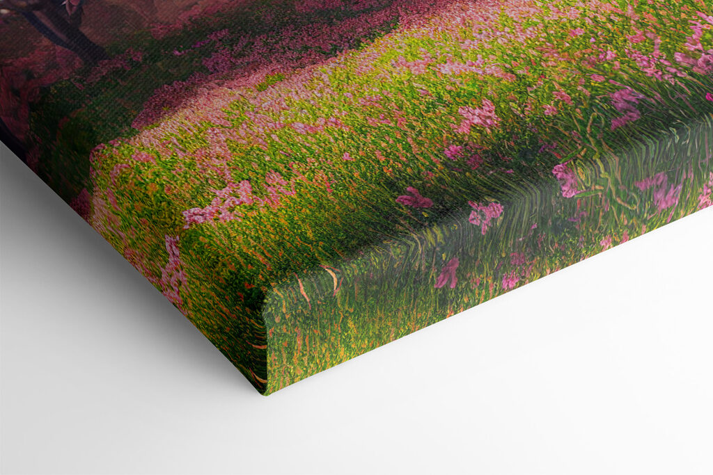 A field of pink flowers with trees