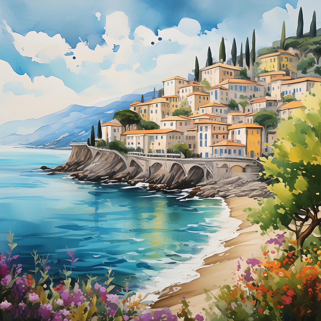 A painting of a town on a cliff by the water A painting of a town on a cliff by the water