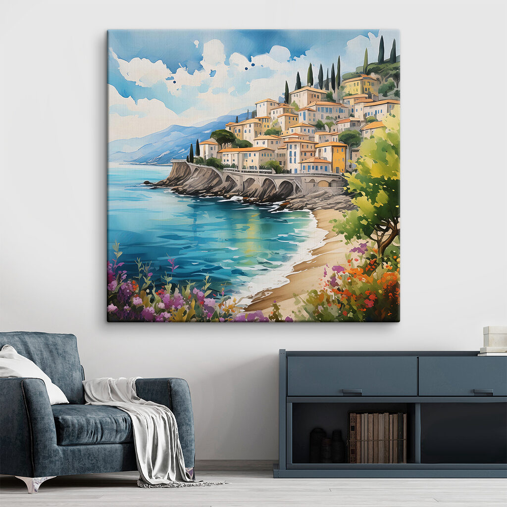 A painting of a town on a cliff by the water A painting of a town on a cliff by the water