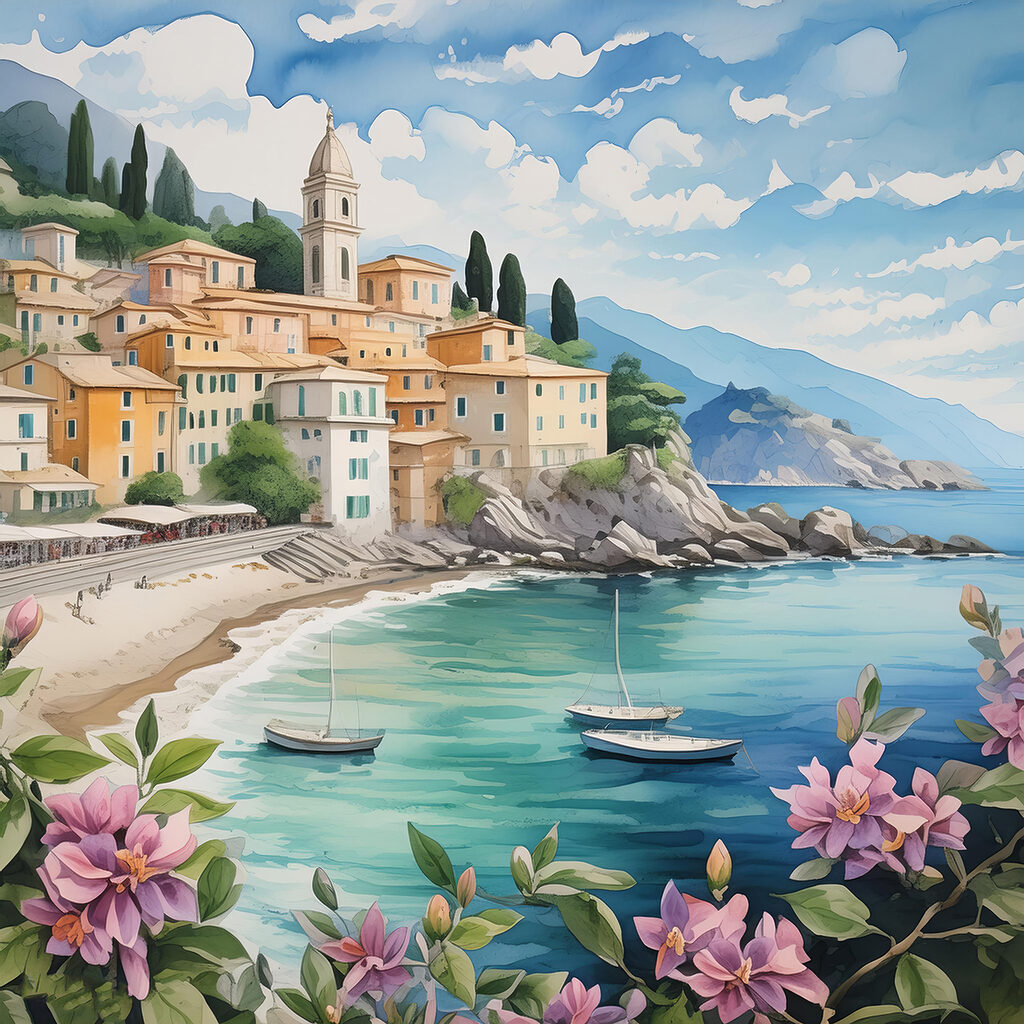A painting of a town on a beach with boats and flowers A painting of a town on a beach with boats and flowers