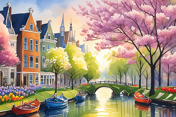 A water canal with boats and trees and a bridge A water canal with boats and trees and a bridge