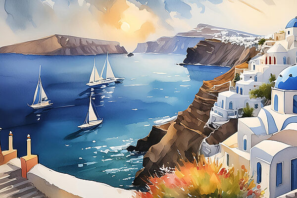 A painting of a sea with boats and buildings A painting of a sea with boats and buildings