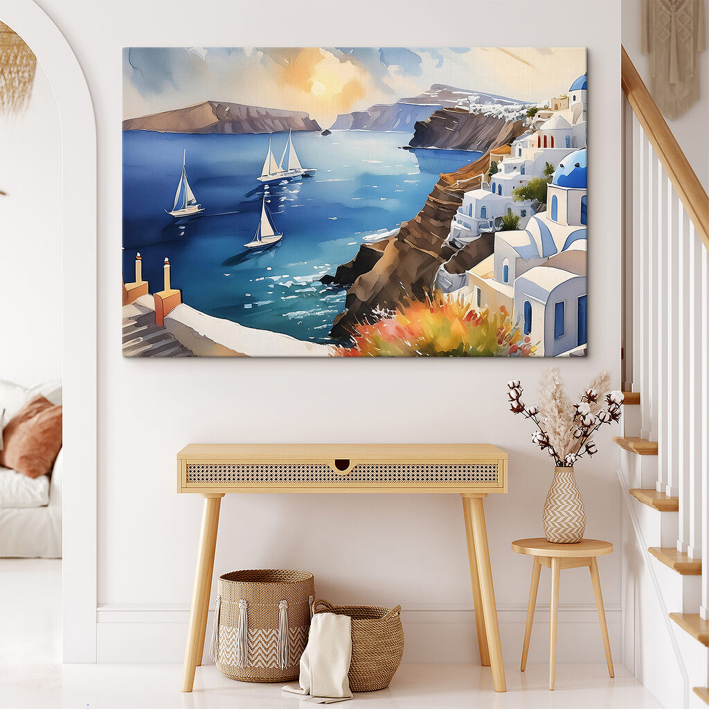 A painting of a sea with boats and buildings A painting of a sea with boats and buildings