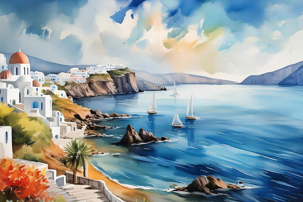 A watercolor painting of a town on a cliff A watercolor painting of a town on a cliff