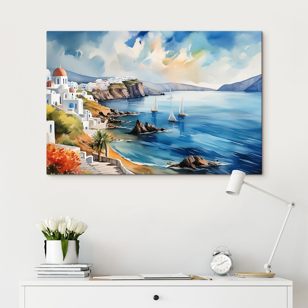 A watercolor painting of a town on a cliff A watercolor painting of a town on a cliff