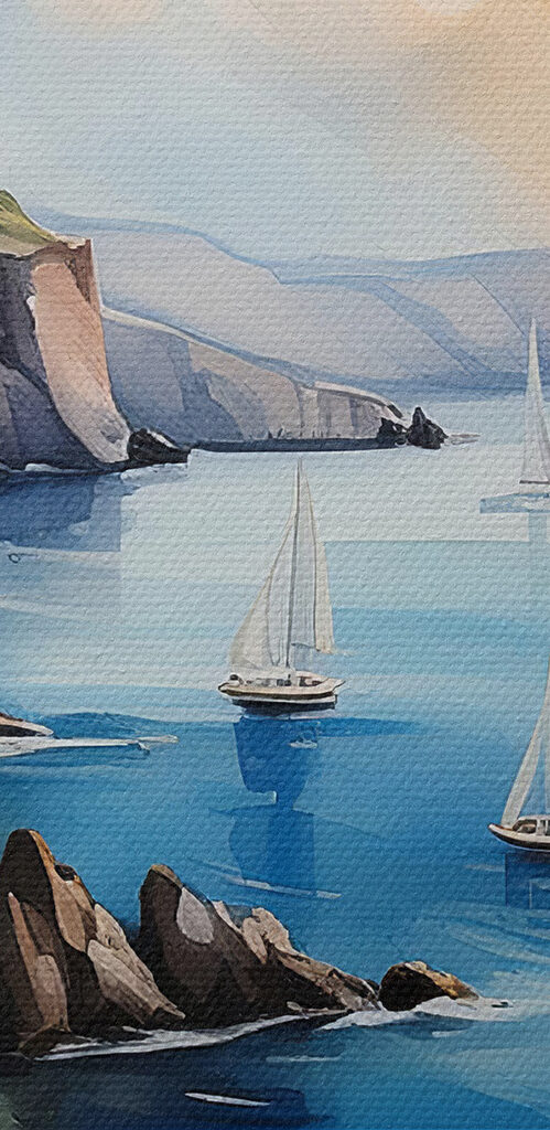 A watercolor painting of a town on a cliff A watercolor painting of a town on a cliff