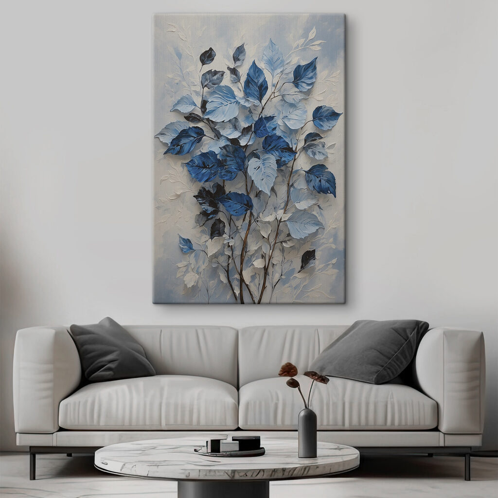 A painting of blue leaves