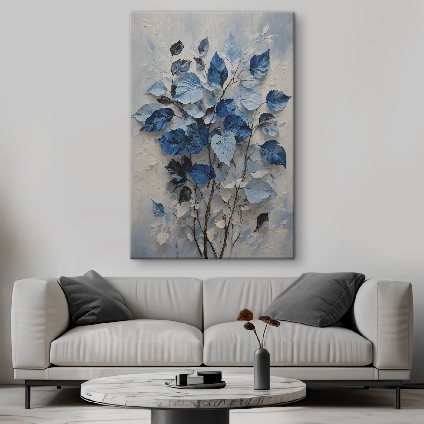 A painting of blue leaves