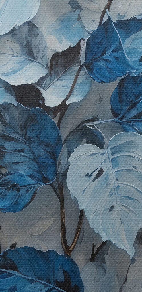 A painting of blue leaves