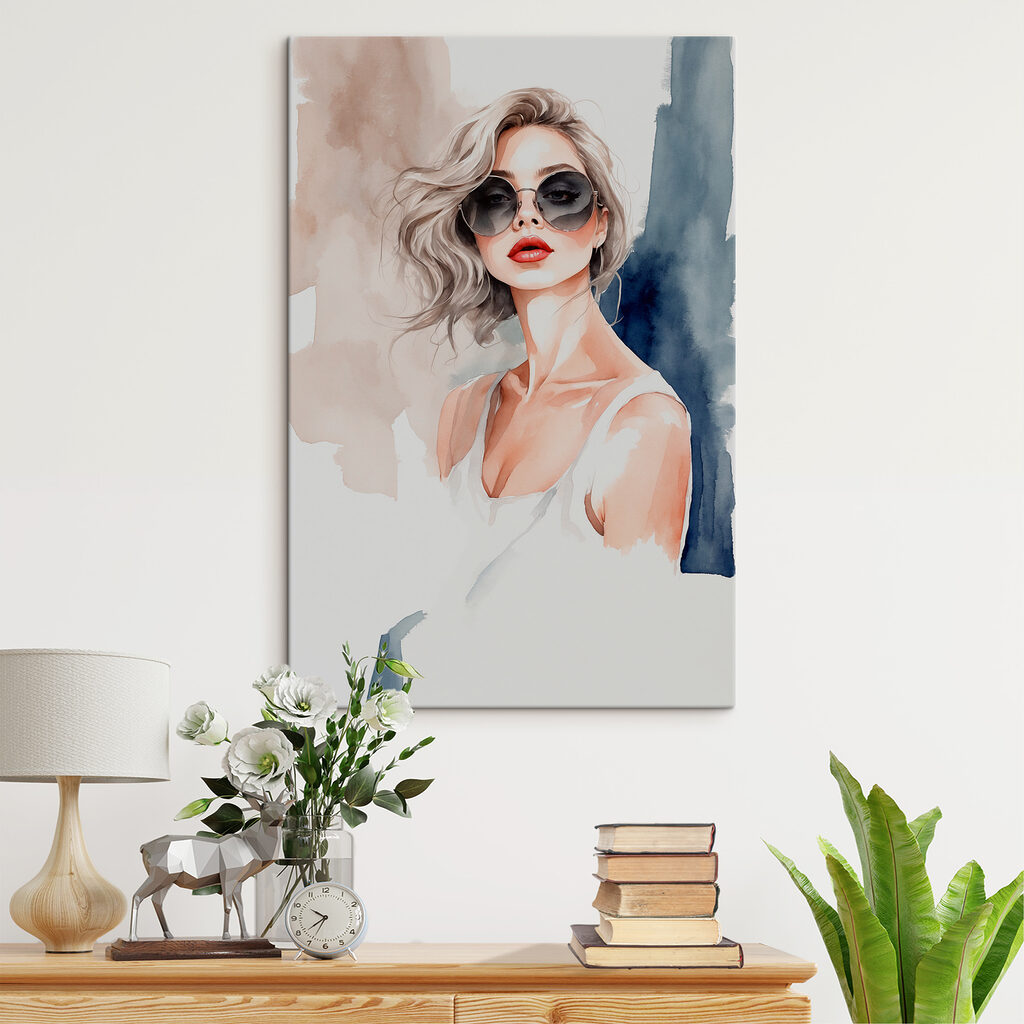 A watercolor of a woman wearing sunglasses
