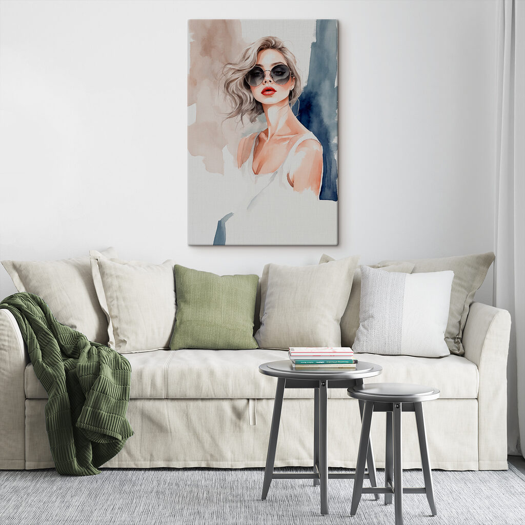 A watercolor of a woman wearing sunglasses
