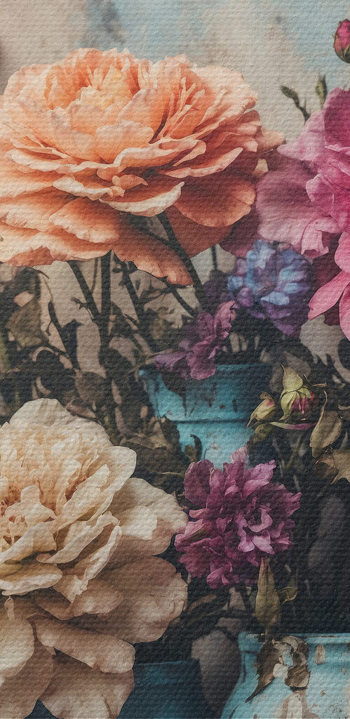 A group of colorful flowers in blue vases