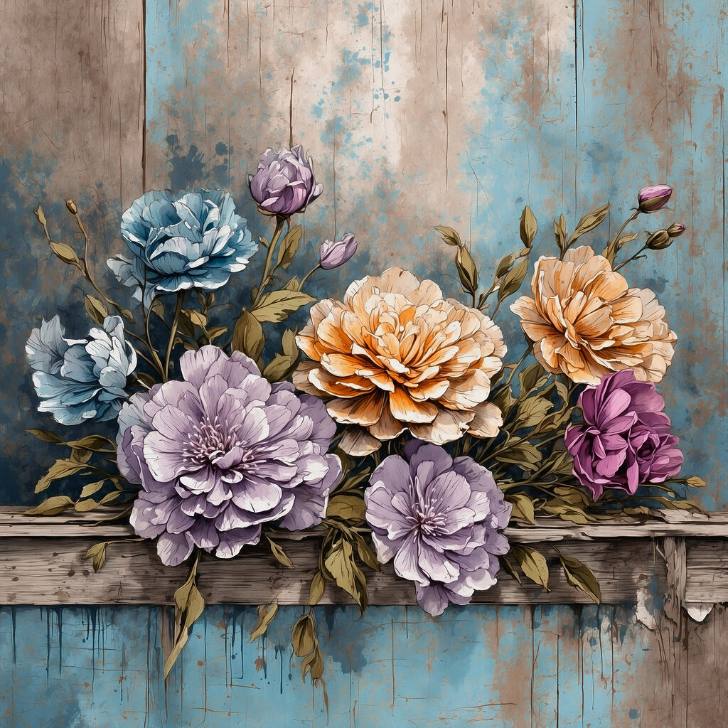 A painting of flowers on a wood ledge A painting of flowers on a wood ledge