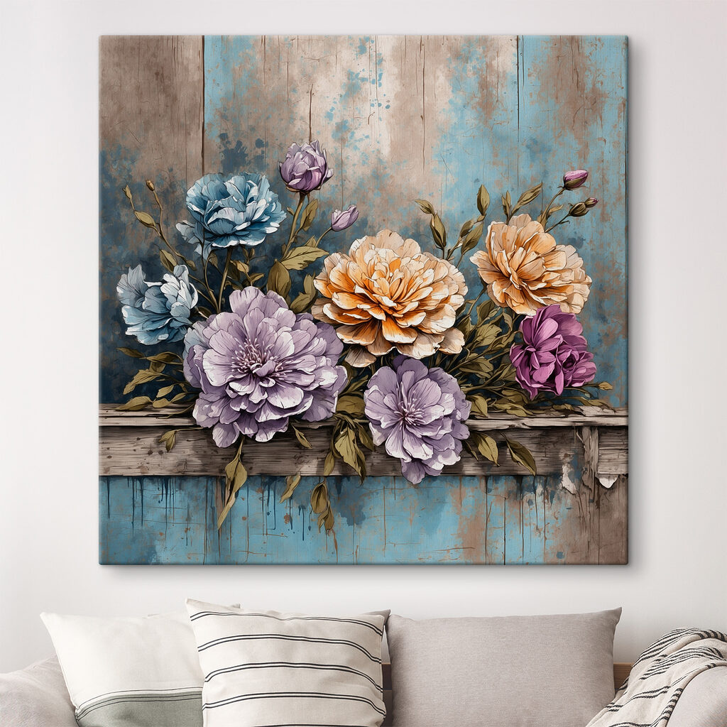 A painting of flowers on a wood ledge A painting of flowers on a wood ledge