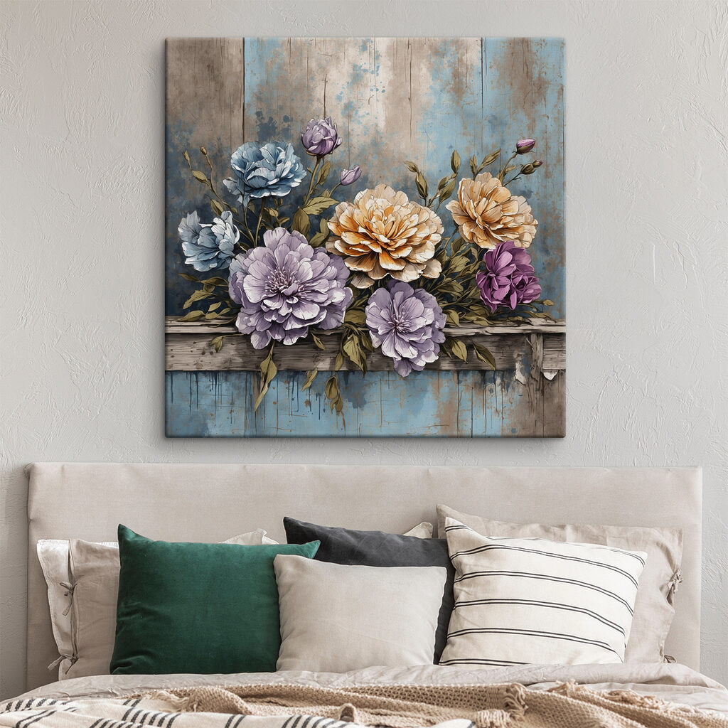 A painting of flowers on a wood ledge A painting of flowers on a wood ledge