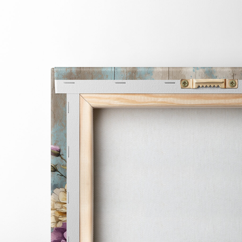 A painting of flowers on a wood ledge A painting of flowers on a wood ledge