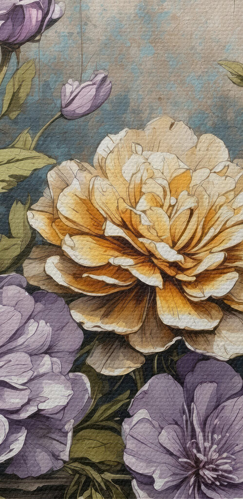 A painting of flowers on a wood ledge A painting of flowers on a wood ledge