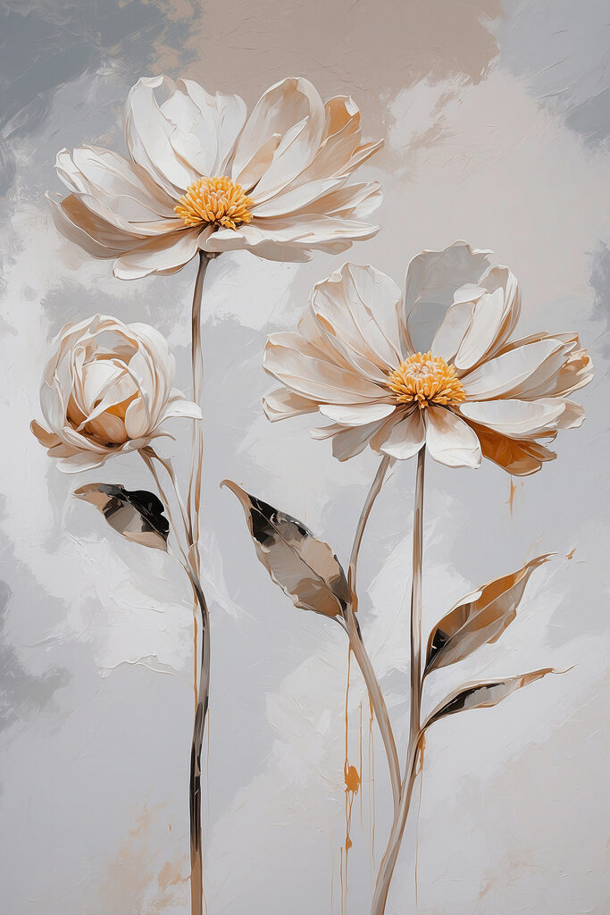 A group of white flowers with leaves