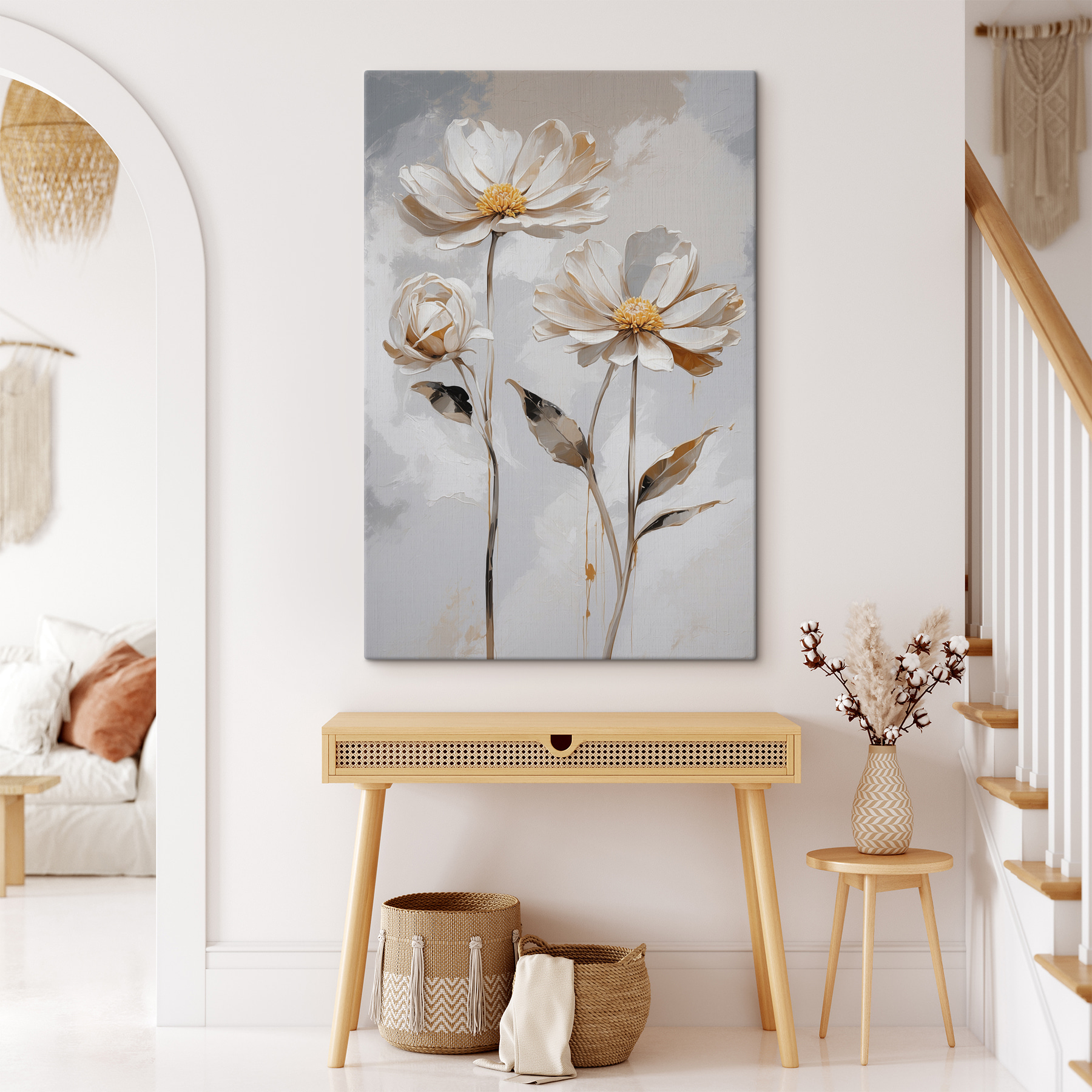 A group of white flowers with leaves