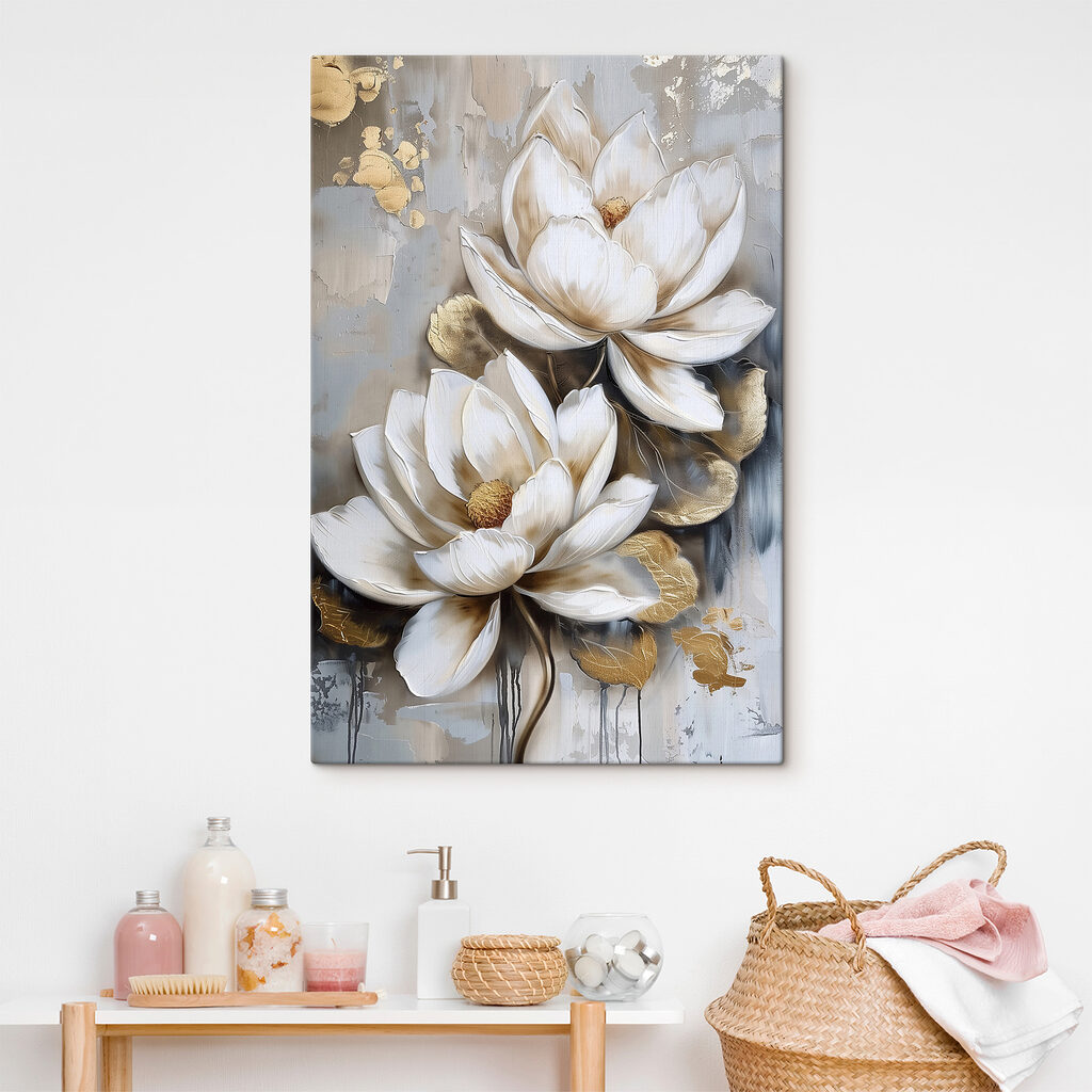 A painting of flowers on a grey background