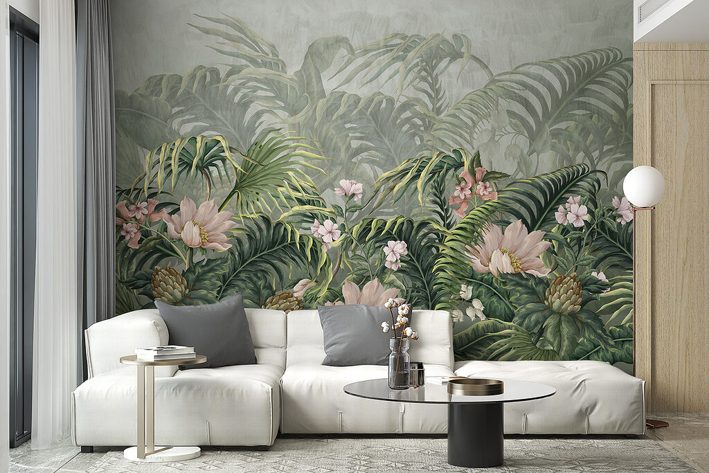 A wallpaper with flowers and leaves