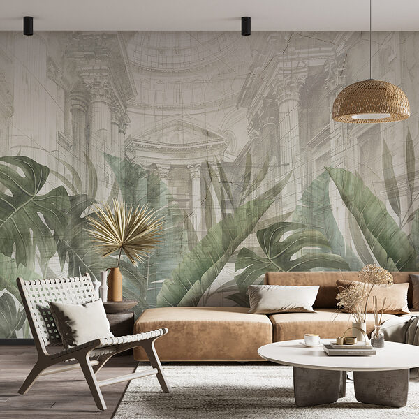 A painting of a building with a large leaf A painting of a building with a large leaf