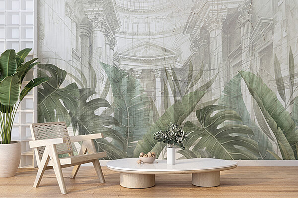 A painting of a building with a large leaf A painting of a building with a large leaf