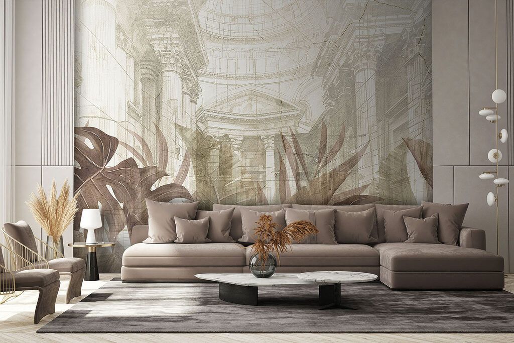 A painting of leaves and a building A painting of leaves and a building