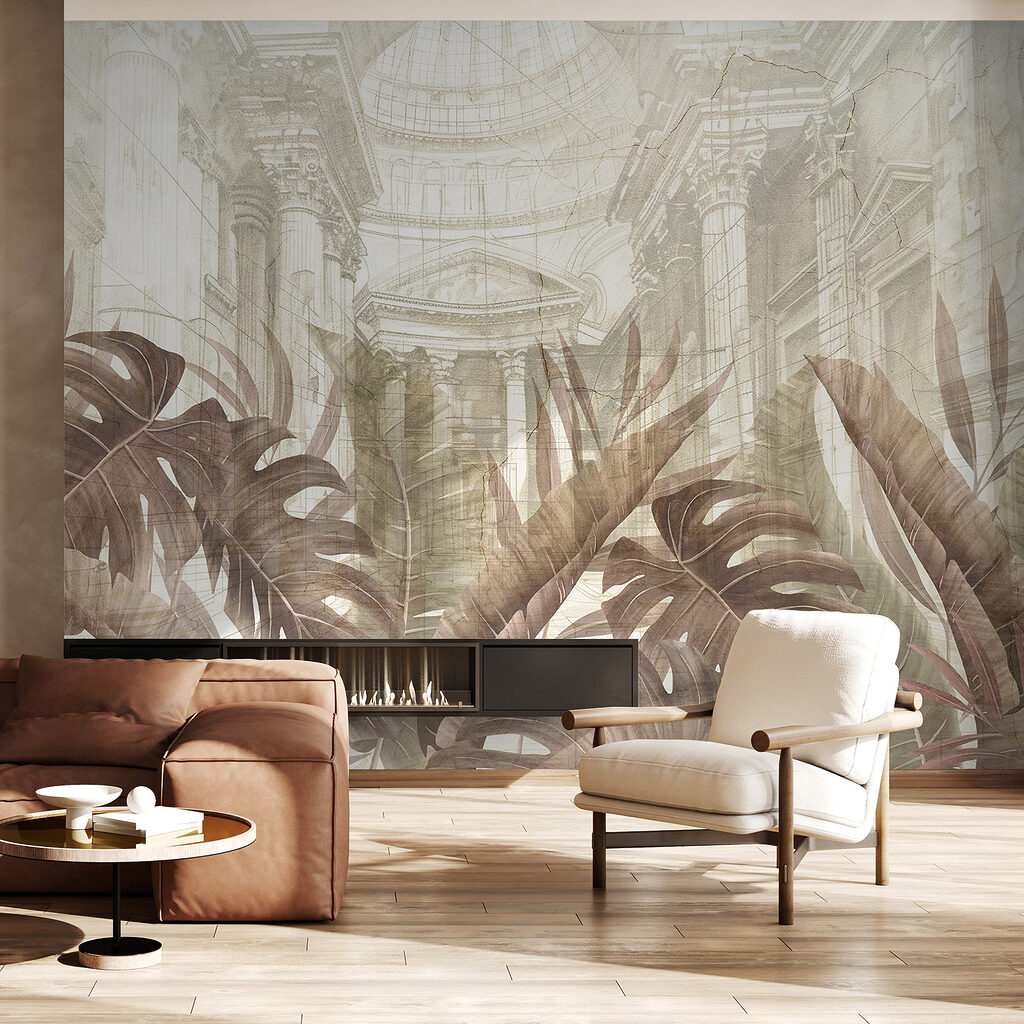 A painting of leaves and a building A painting of leaves and a building