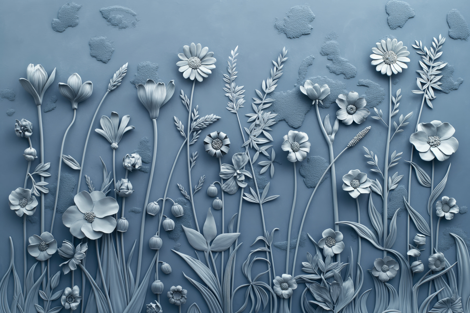 A grey wall with flowers and leaves