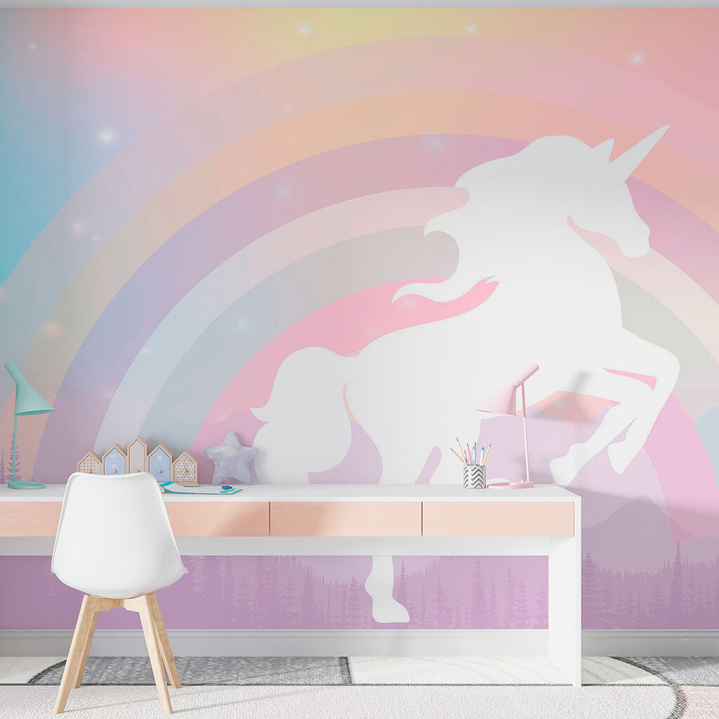 A unicorn with a rainbow and mountains A unicorn with a rainbow and mountains