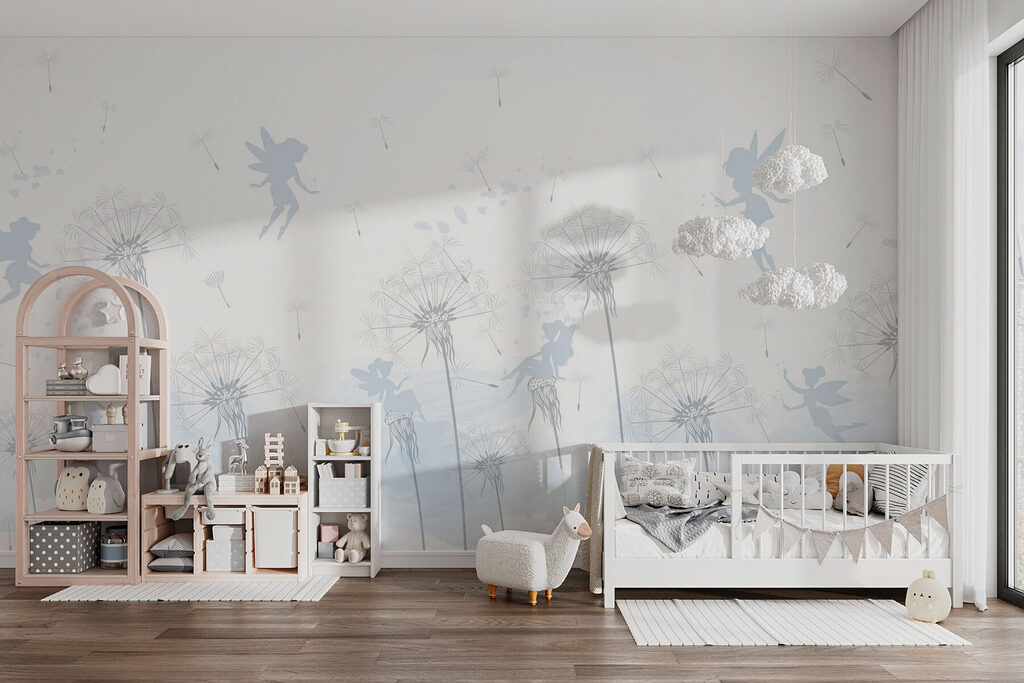 A dandelion with fairies flying in the air