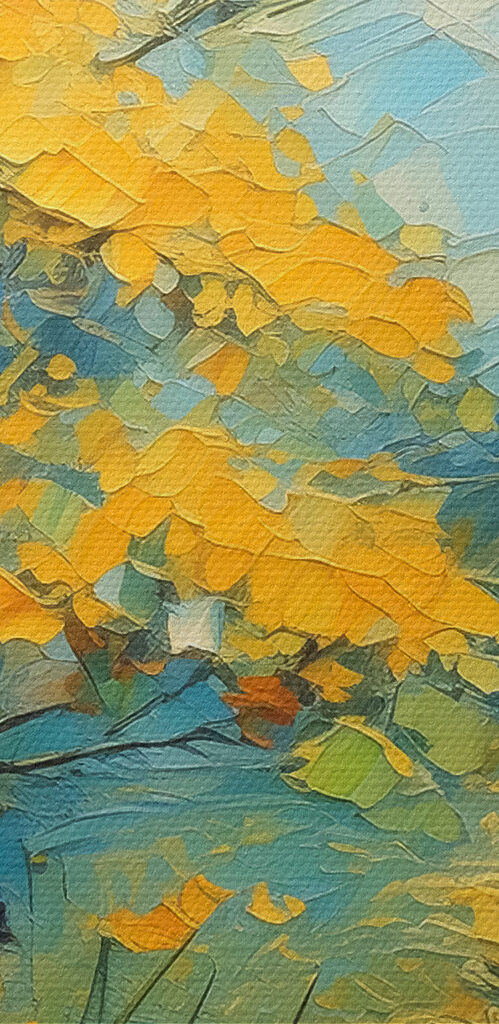A painting of a river with yellow flowers